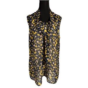 Cabi Women M Flynn Floral Tie Neck Blouse Sleeveless Yellow Navy Work Top Blouse